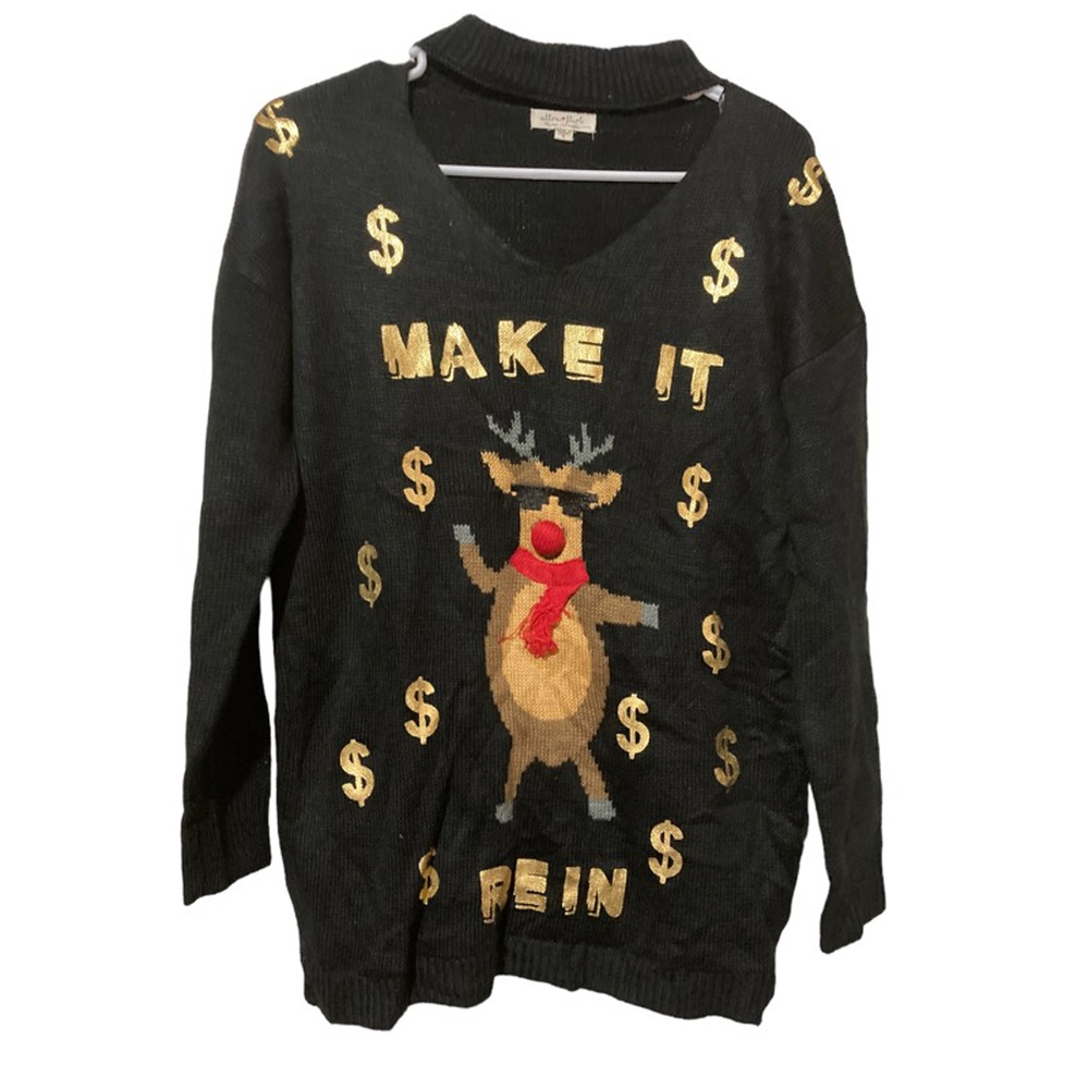 Ultra Flirt Womens Pullover Sweater Black Make it Rein $ Long Sleeve V Neck S‎